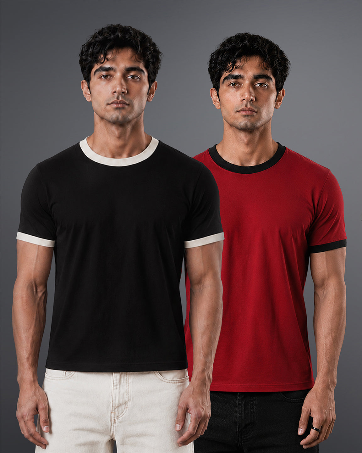 Cropped Ringer Tee Duo [BLACK+RED]